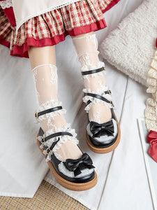 Sweet Lolita Footwear Black Grommets Ruffles Bows PU Leather Chunky Heel Lolita Shoes