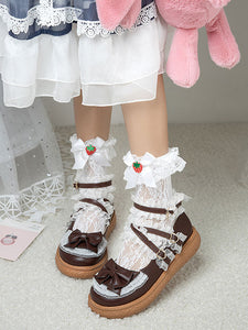 Sweet Lolita Footwear Black Grommets Ruffles Bows PU Leather Chunky Heel Lolita Shoes