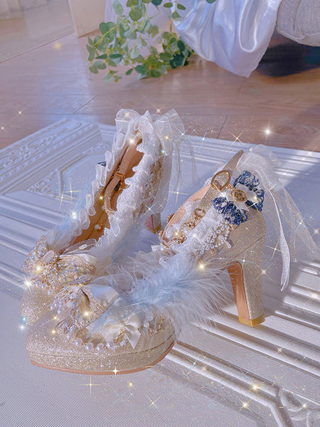 Sweet Lolita Footwear Champagne Pearls Bows Lace PU Leather Chunky Heel Lolita Pumps