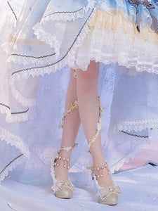 Sweet Lolita Footwear Champagne Pearls Bows Lace PU Leather Chunky Heel Lolita Pumps