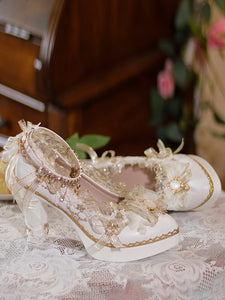 Sweet Lolita Footwear Ecru White Bows Flowers Lace PU Leather Chunky Heel Lolita Pumps