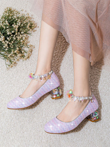 Sweet Lolita Footwear Lavender Sequins Round Toe PU Leather Lolita Pumps