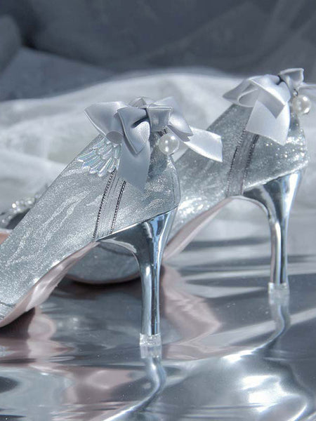 Sweet Lolita Footwear Light Gray Crystal Bows PU Leather Stiletto Heel Lolita Shoes
