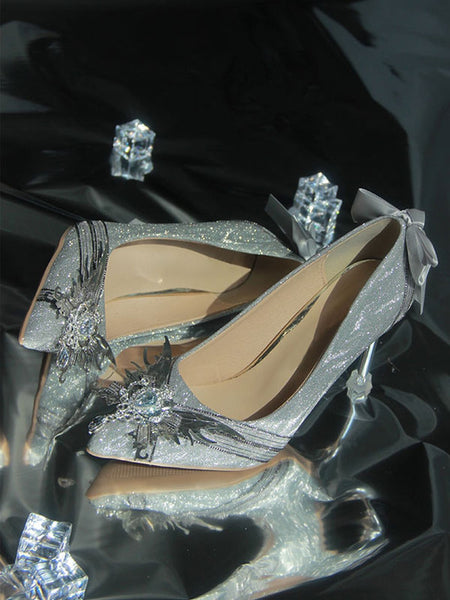 Sweet Lolita Footwear Light Gray Crystal Bows PU Leather Stiletto Heel Lolita Shoes