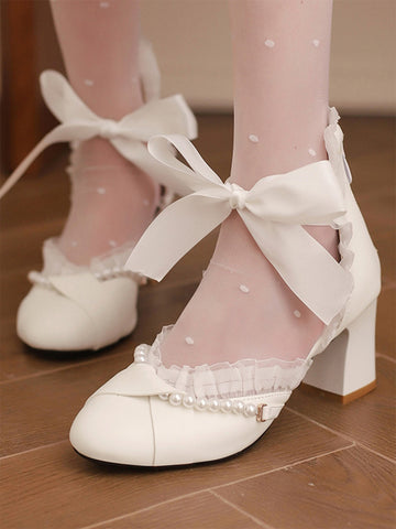 Sweet Lolita Footwear Pink Bows Pearls Ruffles PU Leather Chunky Heel Lolita Pumps