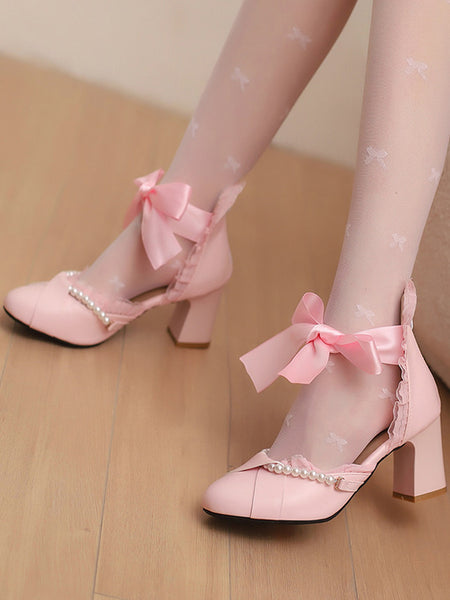 Sweet Lolita Footwear Pink Bows Pearls Ruffles PU Leather Chunky Heel Lolita Pumps