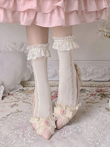 Sweet Lolita Footwear Pink Pearls Bows Ruffles Pointed Toe Lolita Pumps