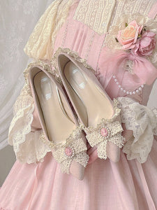 Sweet Lolita Footwear Pink Pearls Bows Ruffles Pointed Toe Lolita Pumps