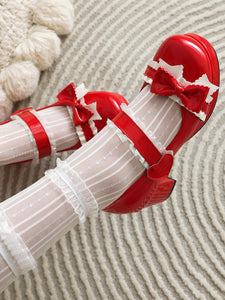 Sweet Lolita Footwear Pink Ruffles Bows Round Toe PU Leather Lolita Pumps