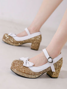 Sweet Lolita Footwear Silver Bows Sequins Round Toe PU Leather Lolita Shoes