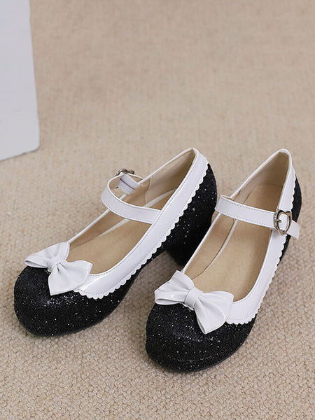 Sweet Lolita Footwear Silver Bows Sequins Round Toe PU Leather Lolita Shoes
