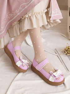 Sweet Lolita Footwear White Bows PU Leather Flat Lolita Pumps