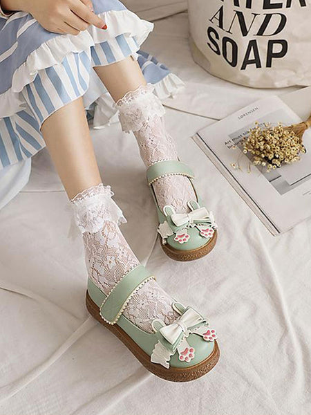 Sweet Lolita Footwear White Bows PU Leather Flat Lolita Pumps
