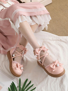 Sweet Lolita Footwear White Bows Ruffles PU Leather Flat Lolita Shoes
