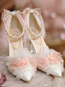 Sweet Lolita Footwear White Flowers Chains Ruffles PU Leather Stiletto Heel Lolita Pumps