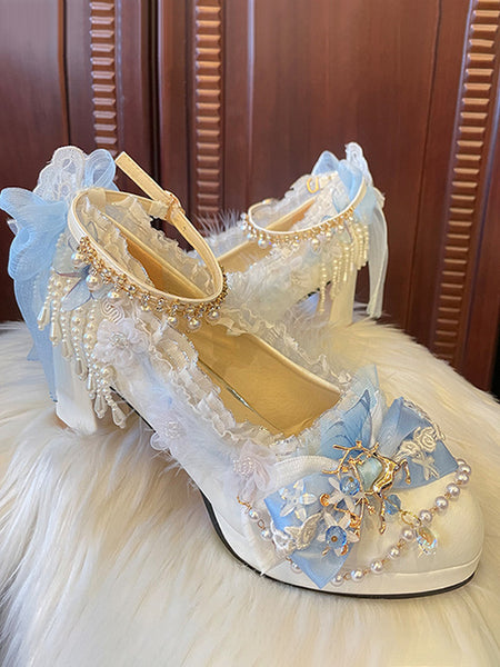 Sweet Lolita Footwear White Pearls Chains Bows PU Leather Chunky Heel Lolita Shoes