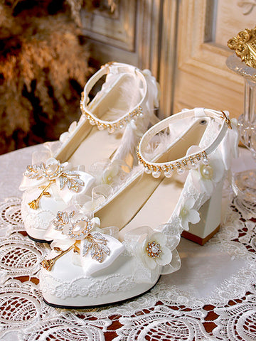 Sweet Lolita Footwear White Pearls Chains Bows Pointed Toe PU Leather Lolita Pumps