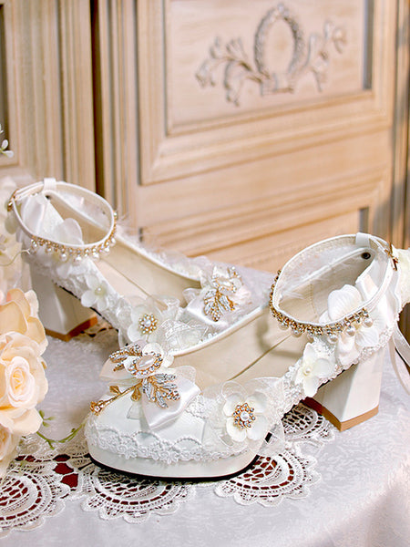 Sweet Lolita Footwear White Pearls Chains Bows Pointed Toe PU Leather Lolita Pumps