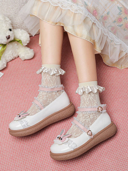 Sweet Lolita Footwear White Ruffles Round Toe PU Leather Lolita Pumps