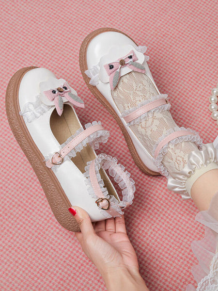 Sweet Lolita Footwear White Ruffles Round Toe PU Leather Lolita Pumps