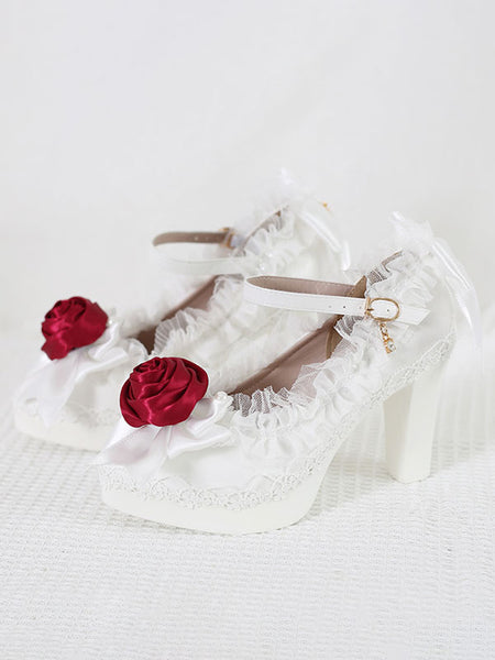 Sweet Lolita Footwear White Ruffles Bows Rose Lace Chunky Heel Lolita Pumps