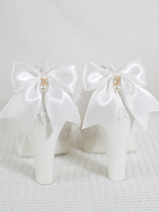 Sweet Lolita Footwear White Ruffles Bows Rose Lace Chunky Heel Lolita Pumps