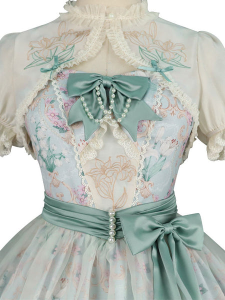 Sweet Lolita JSK Dress Chinese Floral Print Flowers Sage Lolita Jumper Skirts