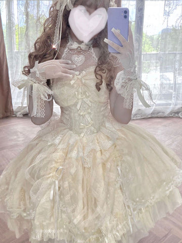 Sweet Lolita JSK Dress Ecru White Sleeveless Pearls Lace Lolita Jumper Skirts