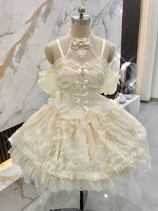 Sweet Lolita JSK Dress Ecru White Sleeveless Pearls Lace Lolita Jumper Skirts