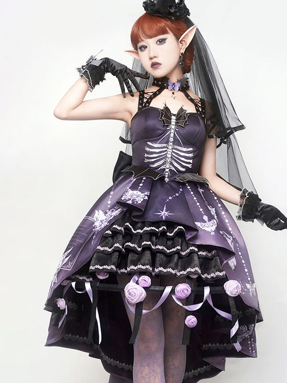 Sweet Lolita JSK Dress Floral Print Applique Bows Purple Lolita Jumper Skirts
