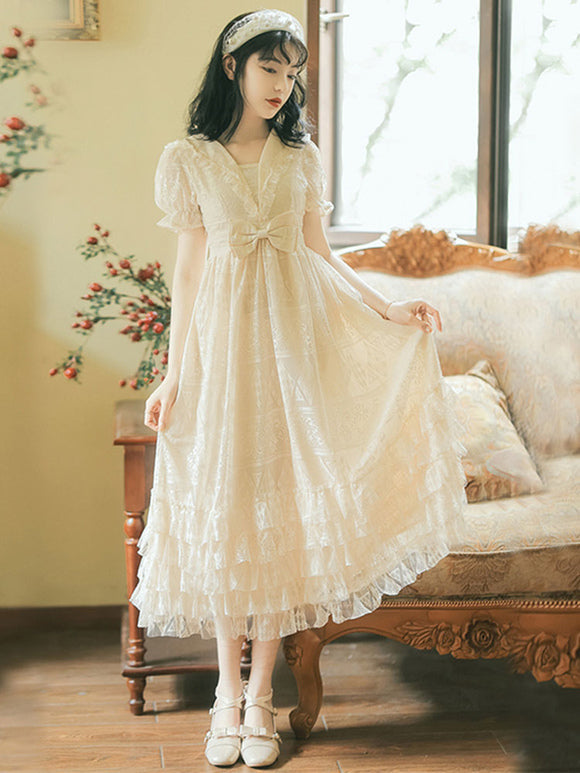 Sweet Lolita OP Dress Ruffles Lace Apricot Short Sleeves Lolita One Piece Dresses
