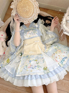Sweet Lolita Outfits Baby Blue Jacquard Sleeveless Jumper Headwear Accessory