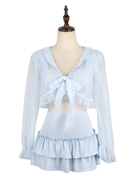 Sweet Lolita Outfits Baby Blue Lace Up Studded Sleeveless Cloak Skirt Top
