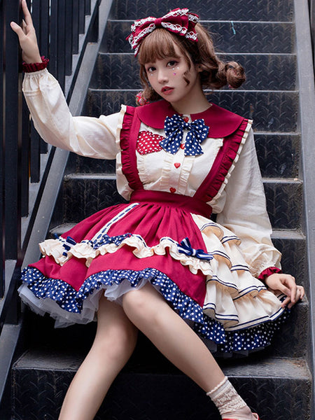 Sweet Lolita Outfits Burgundy Polka Dot Bows Ruffles Long Sleeves Top Skirt