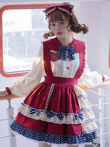 Sweet Lolita Outfits Burgundy Polka Dot Bows Ruffles Long Sleeves Top Skirt