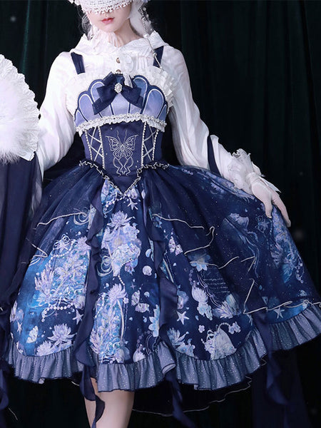 Sweet Lolita Outfits Deep Blue Floral Print Sleeveless Dress Oversleeves Accessory