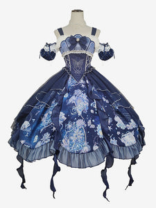Sweet Lolita Outfits Deep Blue Floral Print Sleeveless Dress Oversleeves Accessory