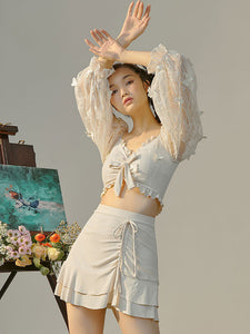 Sweet Lolita Outfits Ecru White Ruffles Butterfly Long Sleeves Top Pants
