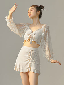 Sweet Lolita Outfits Ecru White Ruffles Butterfly Long Sleeves Top Pants