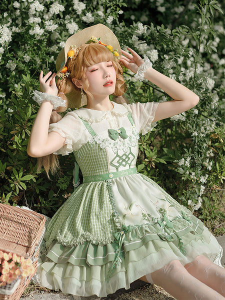 Sweet Lolita Outfits Green Bow Short Sleeves Jumper Apron