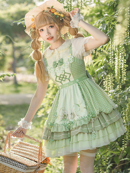 Sweet Lolita Outfits Green Bow Short Sleeves Jumper Apron