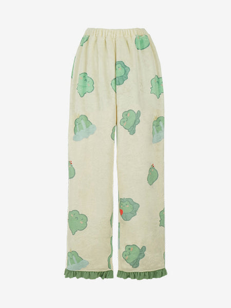 Sweet Lolita Outfits Green Ruffles Floral Print Long Sleeves Pants Hat Top