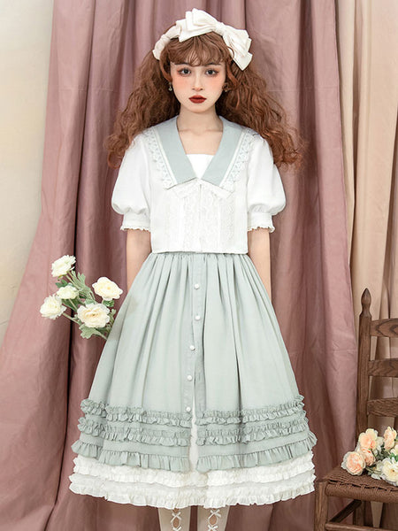 Sweet Lolita Outfits Light Green Bows Ruffles Lace Short Sleeves Top Skirt