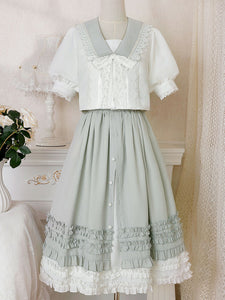 Sweet Lolita Outfits Light Green Bows Ruffles Lace Short Sleeves Top Skirt