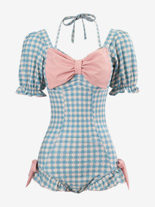 Sweet Lolita Outfits Light Sky Blue Plaid Bows Ruffles Short Sleeves Jumpsuit