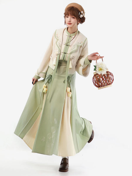 Sweet Lolita Outfits Pastel Green Fringe Jacquard Long Sleeves Crinoline