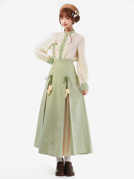 Sweet Lolita Outfits Pastel Green Fringe Jacquard Long Sleeves Crinoline