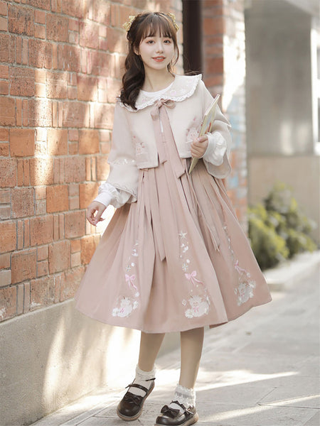 Sweet Lolita Outfits Pink Embroidered Bows Long Sleeves Overcoat Jumper