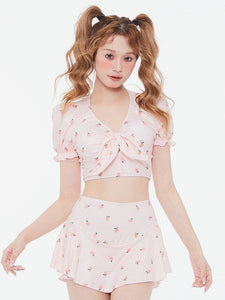Sweet Lolita Outfits Pink Floral Print Short Sleeves Pants Top