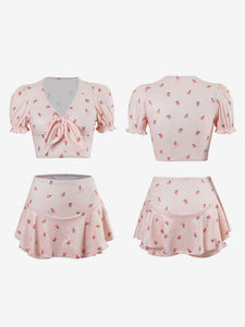 Sweet Lolita Outfits Pink Floral Print Short Sleeves Pants Top